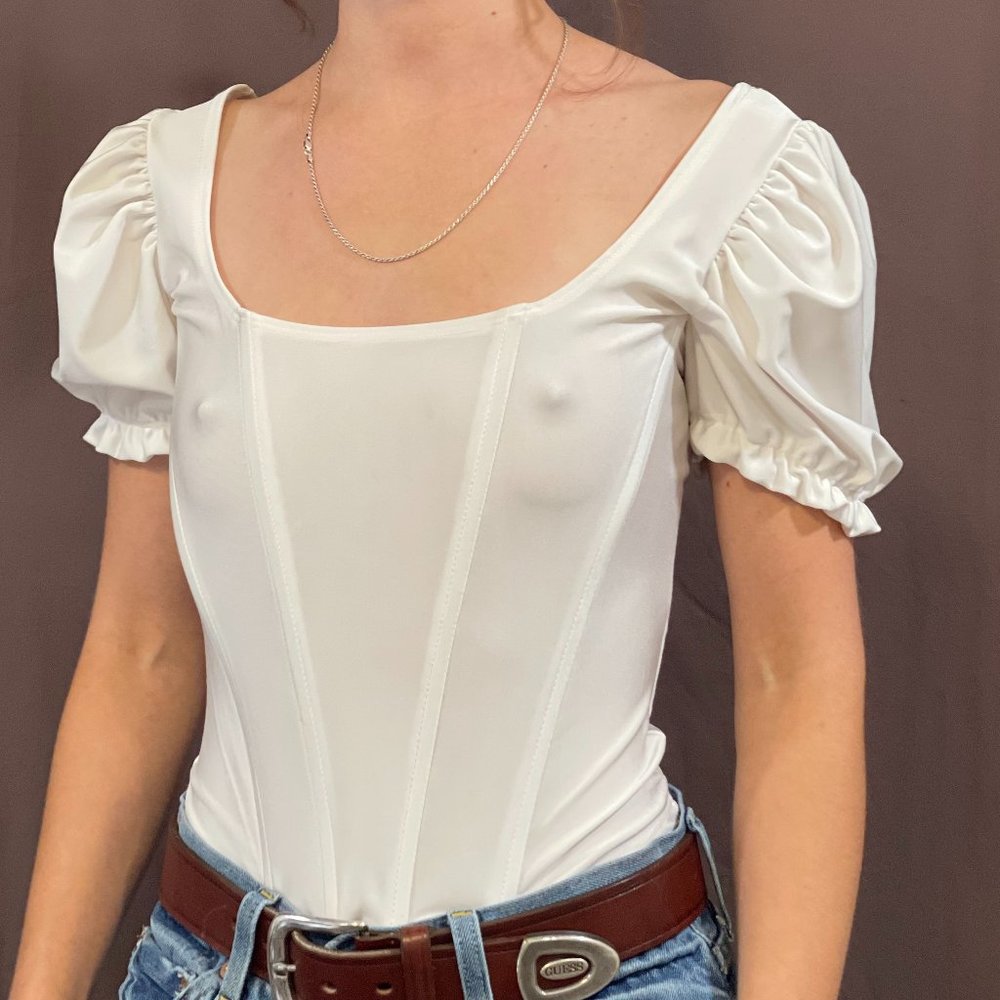 One by One White Puff Sleeve Structured Corset Top